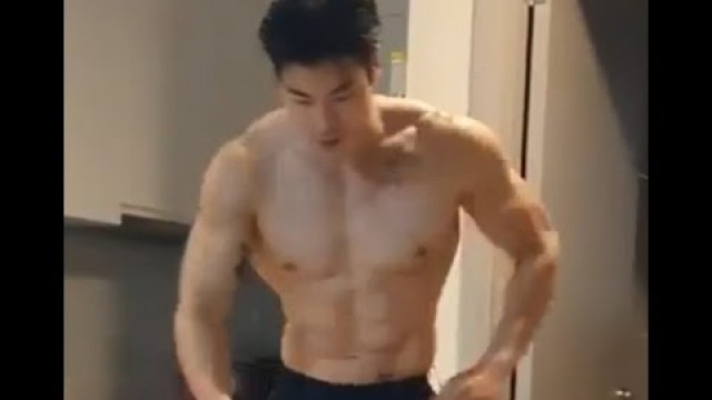 'young fit asian good body shape gym guy top naked workout demo'